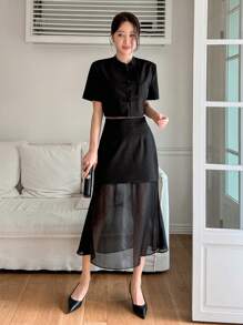 DAZY Ladies' Plain Color Suit Jacket & Skirt Two-Piece Set - Black - View 1