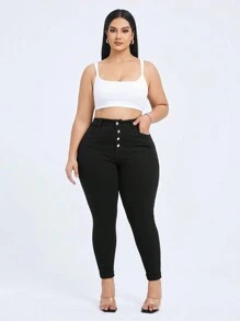 Flexra Quần Jeans Denim Màu Trơn Co Giãn Ôm Vừa Cỡ Lớn Thời Trang Cạp Cao Cho Nữ - màu đen - Xem 5