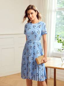 MOTF Classy ALLOVER PRINT BUCKLE BELTED PLEATED HEM DRESS