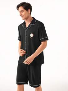 Men's Printed Simple Daily Home Wear Set - Black - View 8