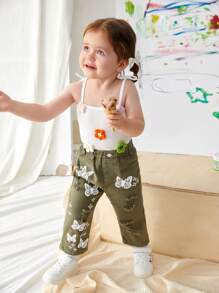 Baby Girl Y2K Street-Style Cool  Green Butterfly Printed Ripped Straight Jeans - Army Green - View 3