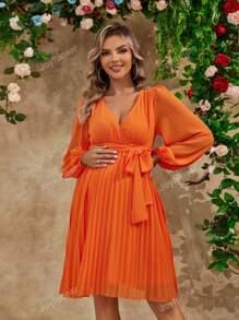 Joyfunear Lantern Sleeve Deep V-Neck Tie Waist Pleated Maternity Elegant Dress, For Party