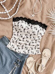 Soleia 夏季假期女士杏色和黑色花卉印花拼接蕾絲褶邊蝴蝶結上衣 - 彩色 - 查看 5