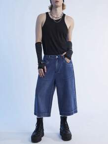 Manfinity Denimwave 男士Y2K復古寬鬆牛仔短褲，休閒風格 - 深色水洗藍 - 查看 3