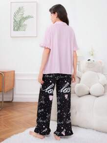 SHEIN Teen Girl's Knitted Comfortable Loose Shirt Collar Short Sleeve Top With Heart Pattern Long Pants Casual Homewear Set - Baby Pink - View 2