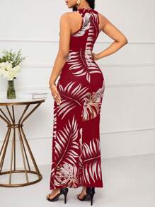 SHEIN Lady Vestido ajustado de fiesta de Navidad con estampado de plantas de vacaciones