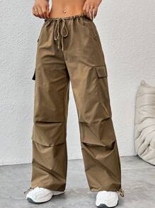 SHEIN PETITE Drawstring Waist Flap Pocket Side Parachute Cargo White Pants - Brown - View 4