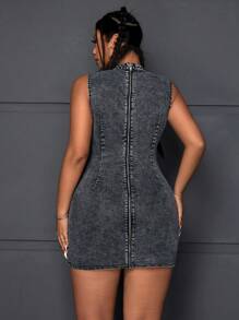 SHEIN EZwear 加大尺碼女裝純色簡約日常無袖牛仔裙 - 黑色 - 查看 2
