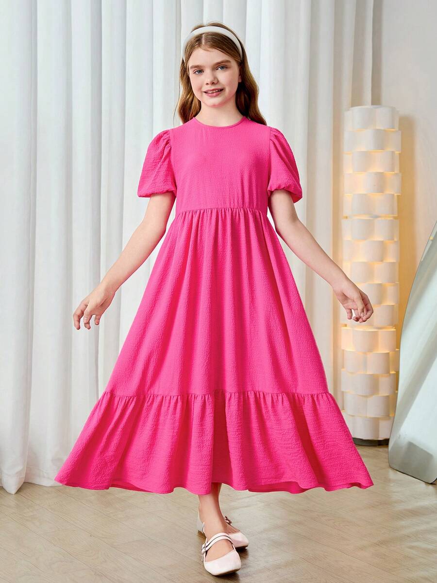 Vestido elegante para niña preadolescente con mangas cortas plisadas, de unicolor y cuello redondo, para primavera y verano - Morado - Ver 1