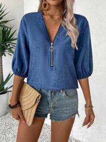 SHEIN LUNE Camisa casual azul de manga corta con cierre de cremallera
