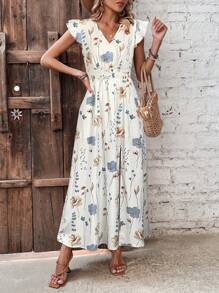 Breezaya Vestido Havaiano de Verão Feminino com Decote em V e Mangas Flutuantes - Branco - Visão 6