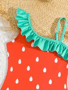 Young Girls One-Piece Swimsuit, Holiday Style, Cute Swimwear - Red - View 4