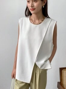 FRIFUL 女性流行純色無袖休閒背心 - 米色 - 查看 4
