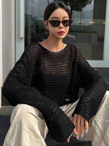 DAZY Solid Color Round Neck See-Through Long Sleeve Casual Sweater Pullover Sheer,Fall Women Clothes - Black - View 6