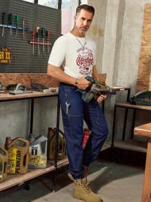 Manfinity Homme Men's Round Neck Letter Printed Short Sleeve Top And Pocketed Denim Jeans, Summer Casual Retro Outfit - Dark Wash - View 5