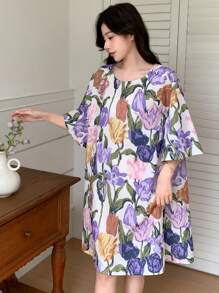 DAZY Loose Sleeping Dress With Floral Pattern Print Pajama - Purple - View 6
