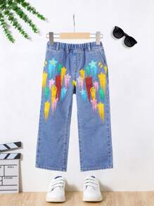 SHEIN Jean ample décontracté de couleur imprimé étoile pour garçon jeune, sac leger, à la mode pour quotidien et été, vêtements d'été mignons pour l'école - Bleu azur - Voir 7