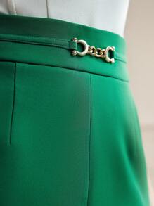 MOTF Classy SOLID CHAIN WAIST SLANT POCKET STRAIGHT SKIRT,SUMMER OUTFITS - Green - View 3
