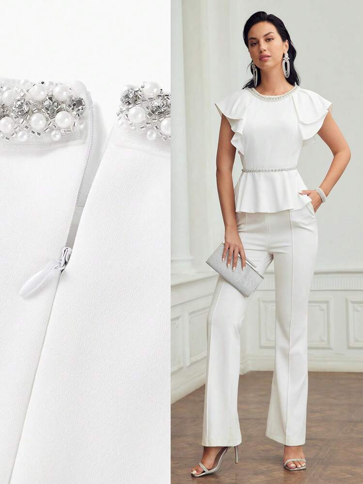FAUX PEARL AND RHINESTONE DETAIL FLUTTER SLEEVE PEPLUM BLOUSE