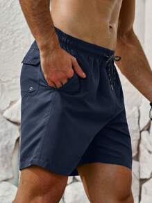 Manfinity Swimmode Men's Vacation Letter Print Drawstring Waist Wide-Leg Beach Shorts - Navy Blue - View 7