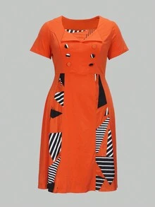 Rochie Casual Imprimata Femei Marime Plus - Portocale - Vizualizare 3