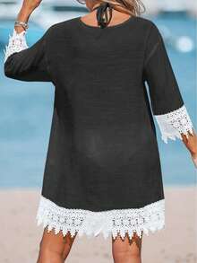 Women's Contrast Lace Patchwork Simple V-Neck Camisole Top - Black - View 2