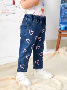 Baby Girl Casual Cute Pink Heart Printed Fully Elastic Jeans - Medium Wash - View 3