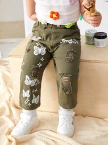 Baby Girl Y2K Street-Style Cool  Green Butterfly Printed Ripped Straight Jeans - Army Green - View 4