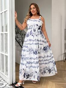 Celure Plus Size Elegant Spaghetti Strap Chiffon Floral Printed Dress With Big Hem For Summer