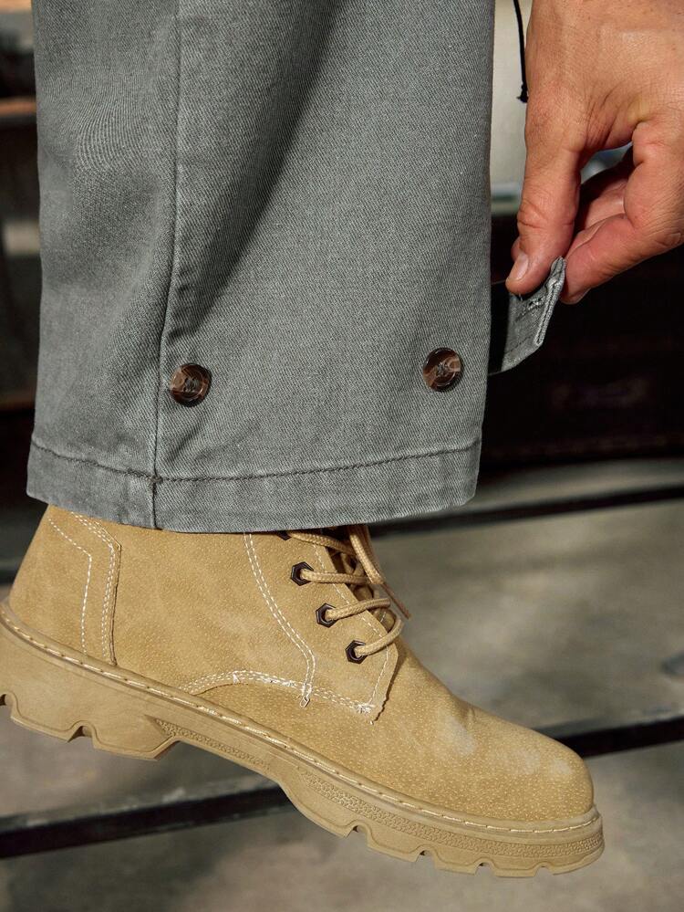 Men's Vintage American Casual Military Green Denim Cargo Pants, Loose Straight Leg, Multi-Pocket Design