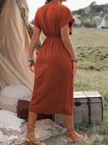 SHEIN LUNE Robe longue à manches courtes en couleur unie simple pour femmes de grande taille, tenue quotidienne