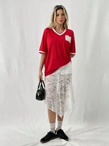 SHEIN Unity 女式网眼印花 V 领长袖宽松运动 T 恤 - 紅色 - 查看 3