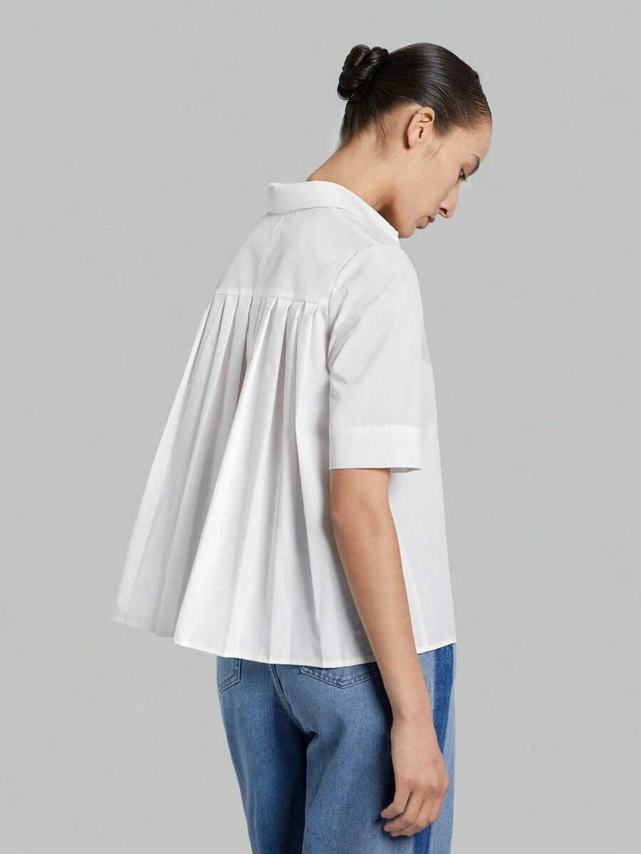 Ontre 女士後折褶短袖襯衫 - 白色 - 查看 1