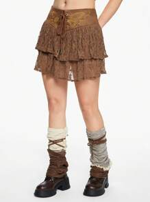 ROMWE Fairycore Váy ren tương phản thêu bướm cổ điển cho mùa hè - màu nâu - Xem 6