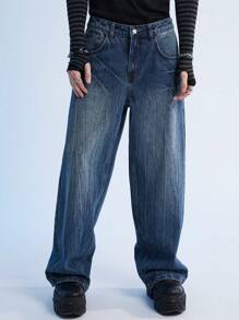 Manfinity Roghcode Y2K Retro Men's Baggy Jeans With Wide Leg - Dark Wash - View 9