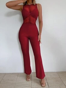 Women's Valentine's Day Sweet See-Through Sexy Round Neck Skin Friendly Mesh Wrinkled Butt Lifting Flared Jumpsuit - Burgundy - View 3