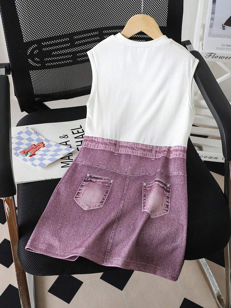 Young Girl's Cool Fashion Asymmetrical Denim-Effect Printed 2 In 1 Dress
