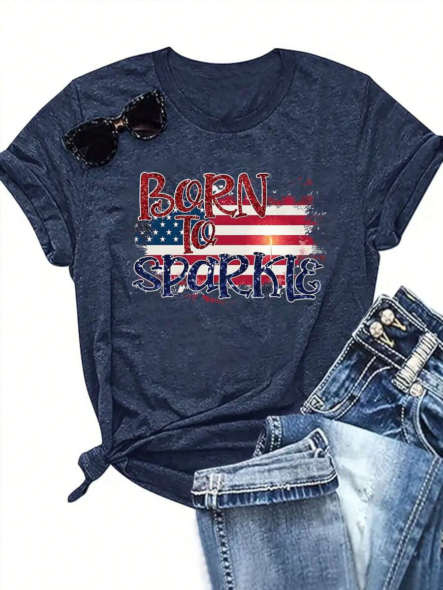 SHEIN LUNE 美國日國旗紋“Born To Shine”字樣圖形印花女士休閒圓領短袖T恤，春夏季 - 藏蓝色 - 查看 1