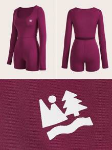 In My Nature Women's Graphic Print Round Neck Tight Jumpsuit For Outdoor, Long Sleeve - Hot Pink - View 4
