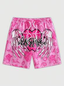 ROMWE MEN Street Life Men's Versatile Skull & Hand Letter Printed Drawstring Waist Casual Shorts - Pink - View 1