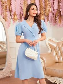 Đầm ngắn tay quấn chéo màu trơn thanh lịch mùa hè - màu xanh lá - Xem 4