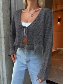 EURMUSE Tie Front Ruffle Hem Pointelle Knit Crop Cardigan - Dark Grey - View 5