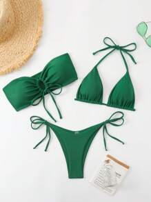 SHEIN Swim 3入組女士夏季海灘純色無肩帶綁帶及寬頸比基尼套裝 - 墨綠色 - 查看 3