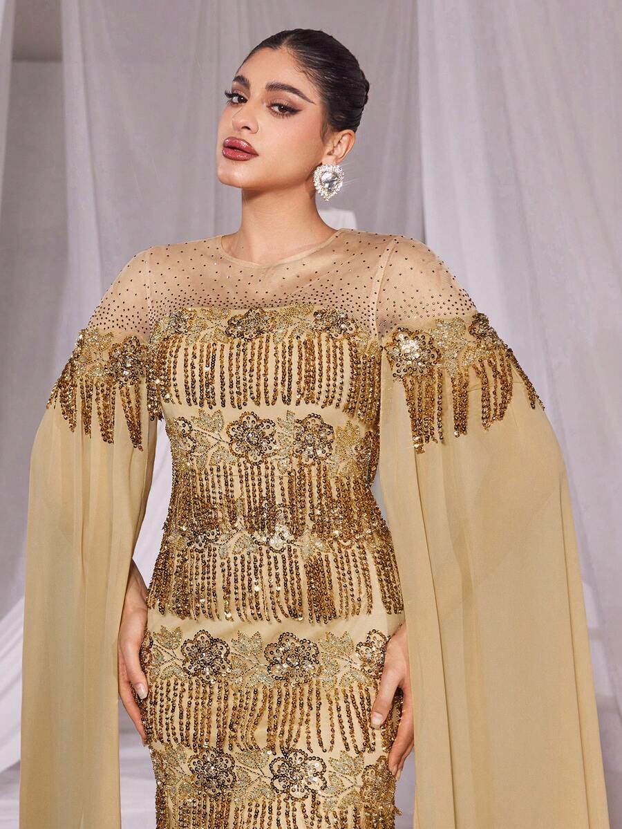 Faeriesty Rhinestone Detail Extra-Long Sleeves Fringed Sequin Prom Dress - Champagne - View 1