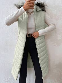 EURMUSE Fuzzy Trim Hooded Puffer Vest Coat - Mint Green - View 3