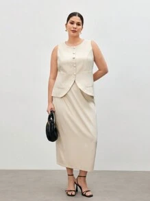 BizChic 加大码纯色编织优雅背心和裙子套装女式两件套 - 杏色 - 查看 3