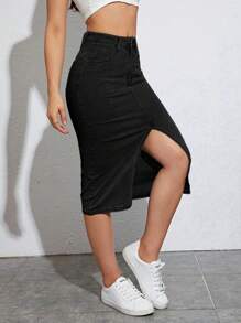 Jeanoix Váy denim màu trơn đơn giản dành cho nữ để mặc hàng ngày - màu đen - Xem 4