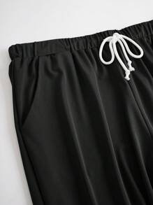 SHEIN 大尺碼女士簡約日常深V側肩純色兩件套裝 - 黑色 - 查看 3