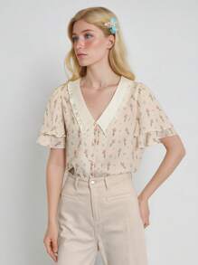 Simple Retro Women's Contrast Color V-Neck Green Printed Shirt - Yellow - View 3