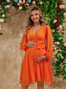Joyfunear Lantern Sleeve Deep V-Neck Tie Waist Pleated Maternity Elegant Dress, For Party